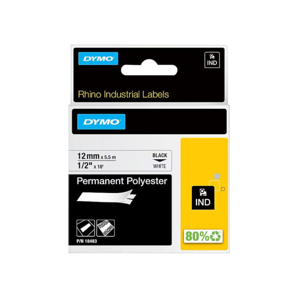 Picture of 12mm Dymo Rhino 18483 Black on White Permanent Polyester